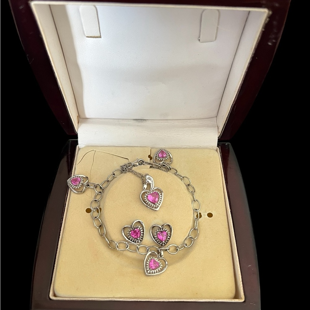 Vintage Heart Charm Bracelet,  Earrings & pendant/chain Set in Silver and Pink